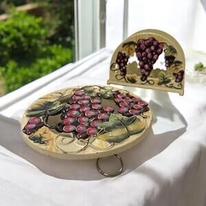 Cast Iron Trivet Round Pot Grapevine Grapes Hand Painted + Napkin Holder Setof 2